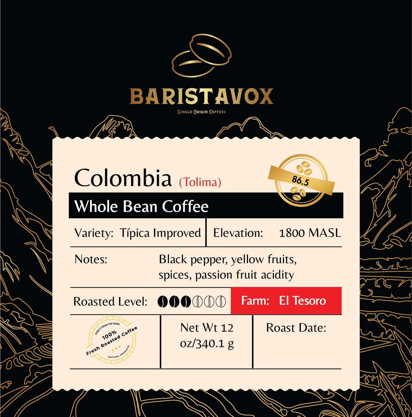 El Tesoro farm coffee Tipica Improved Front