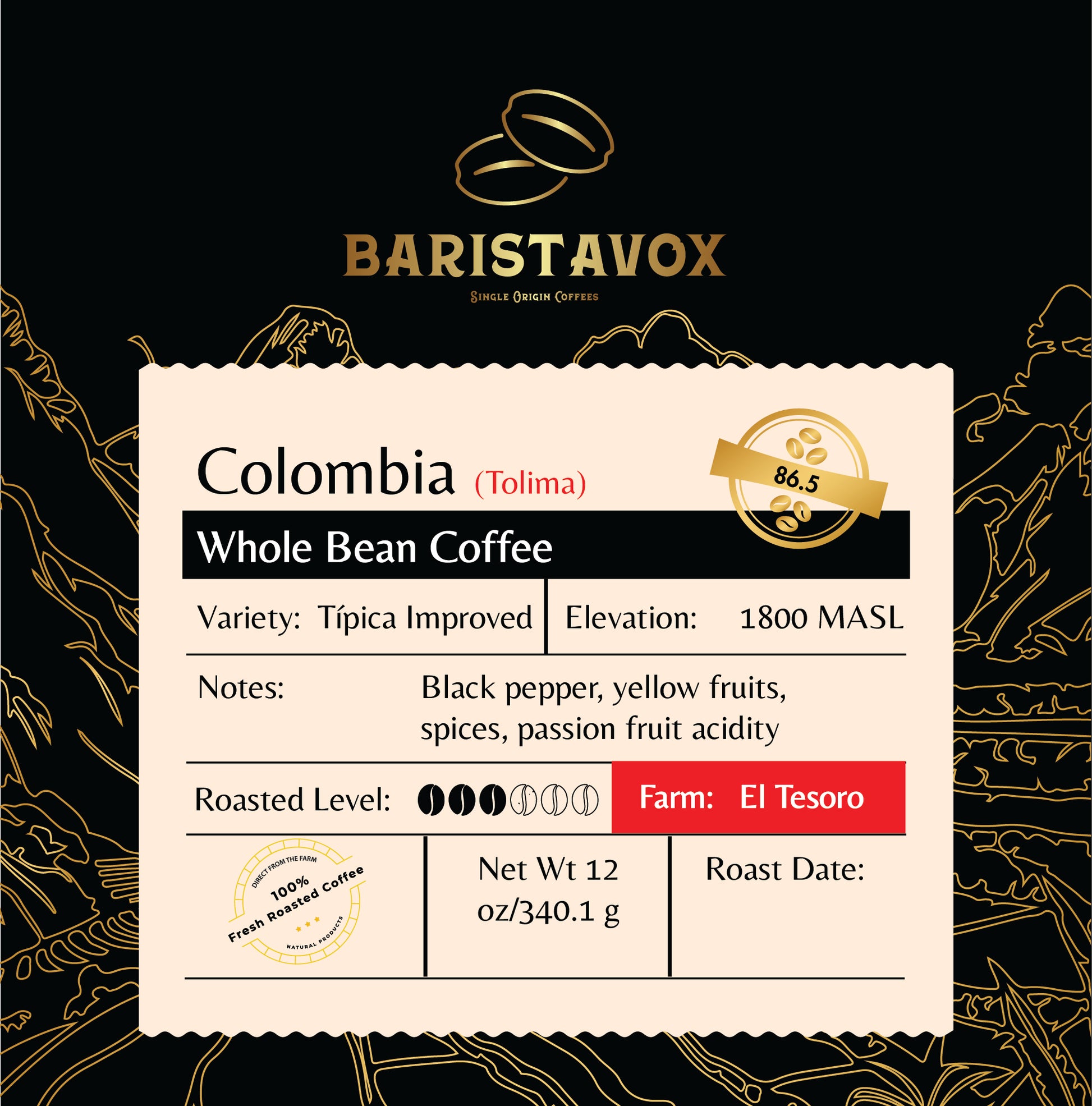 El Tesoro farm coffee Tipica Improved Front