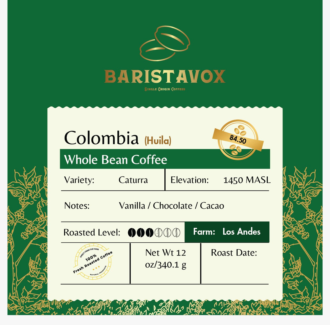 Los Andes farm caturra single origin coffee Front